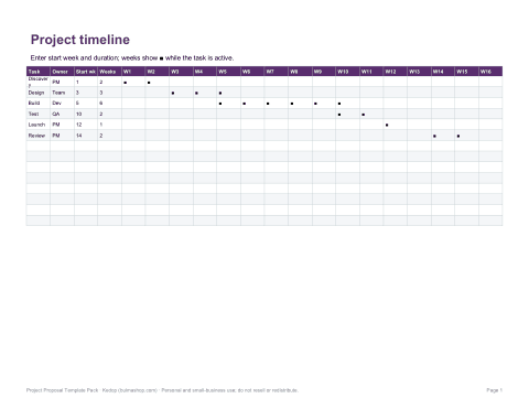 Preview of the first page of Timeline workbook (XLSX)